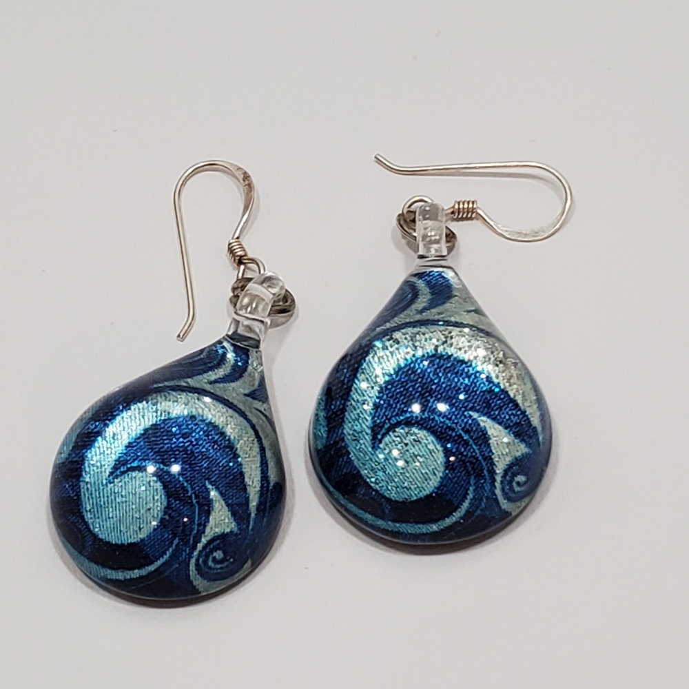 STERLING SILVER‎ 925 GLASS DROP DANGLE EARRINGS Swirl BLUE 1.75"